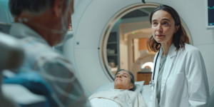 Patient going in the gantry with clinicians present.