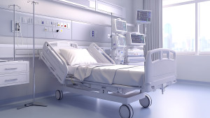 Hosptial room showing bed and medica equipment.